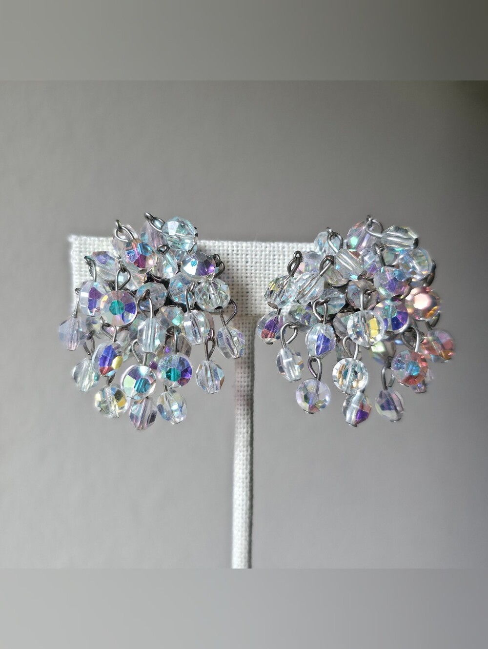 Vintage Vogue Iridescent AB Crystal Cluster Clip-On Earrings